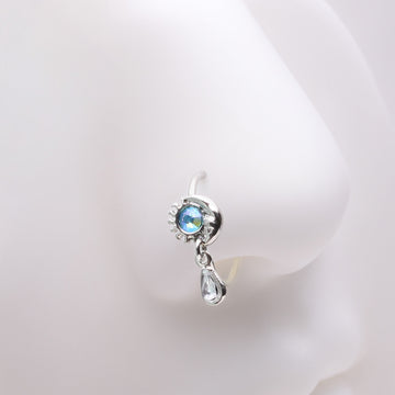 Detail View 1 of Iridescent Sun and Crescent Moon Sparkle Dangle Bendable Hoop Ring-Clear Gem/Aqua